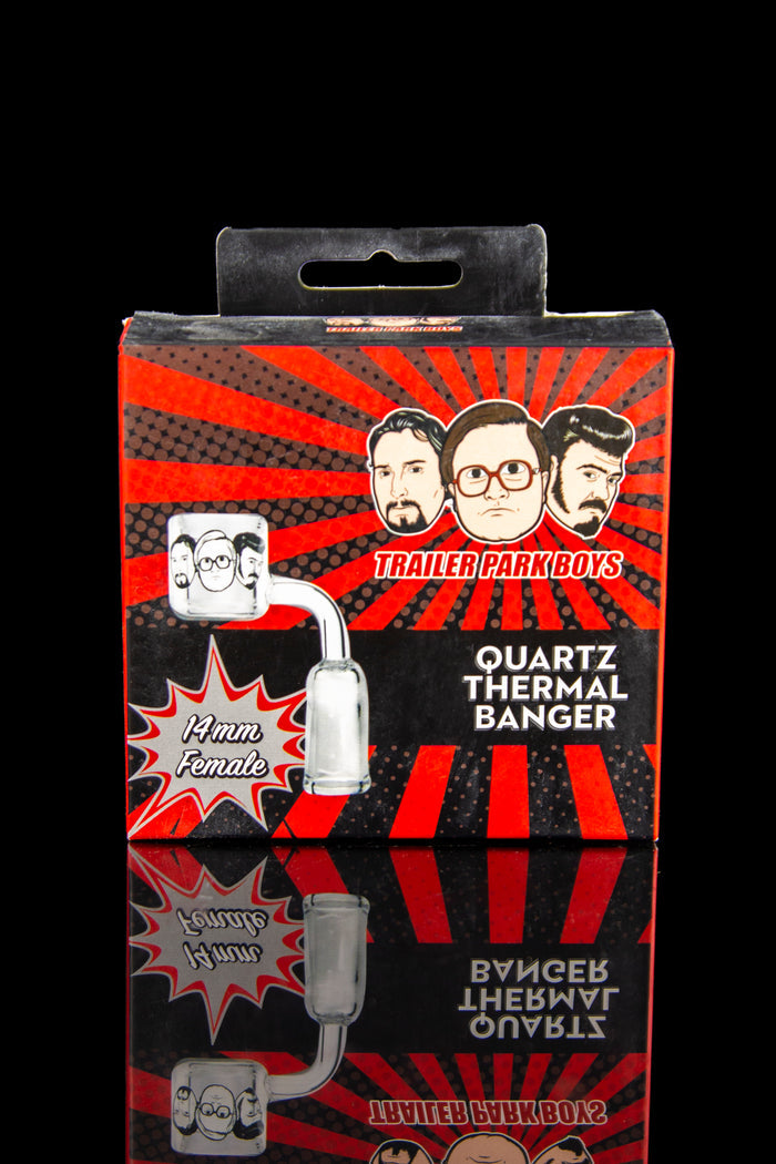 Product packaging for a "Trailer Park Boys" branded quartz thermal banger, a cannabis concentrate vaporization accessory.