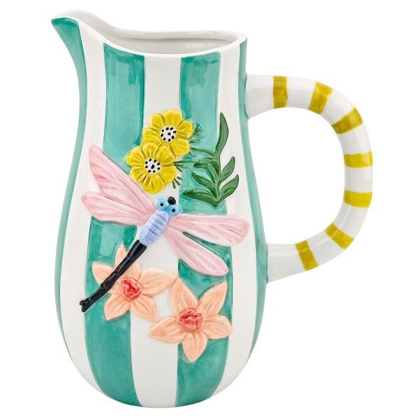 Decorative ceramic pitcher with floral and dragonfly design
