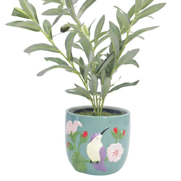 decorative pot with a hummingbird design
