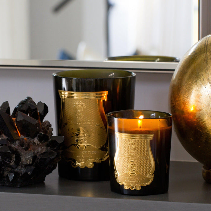 Two Trudon Abd El Kader scented candles in dark green glass vessels with gold labels, one lit.