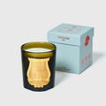 Trudon Cyrnos Classic Scented Candle in an olive green glass vessel with a gold emblem, next to a light blue box.