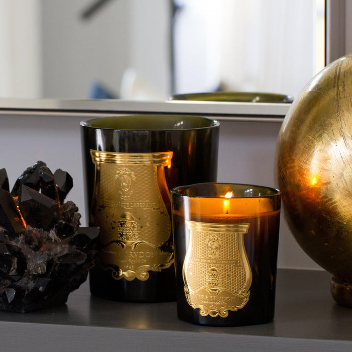 Two Trudon Ernesto scented candles in dark green glass vessels with gold labels, one lit.