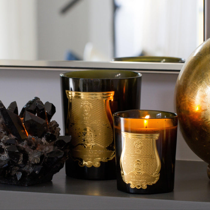 Trudon Odalisque Classic Scented Candles in dark green glass vessels with gold labels, one lit, next to a black crystal.