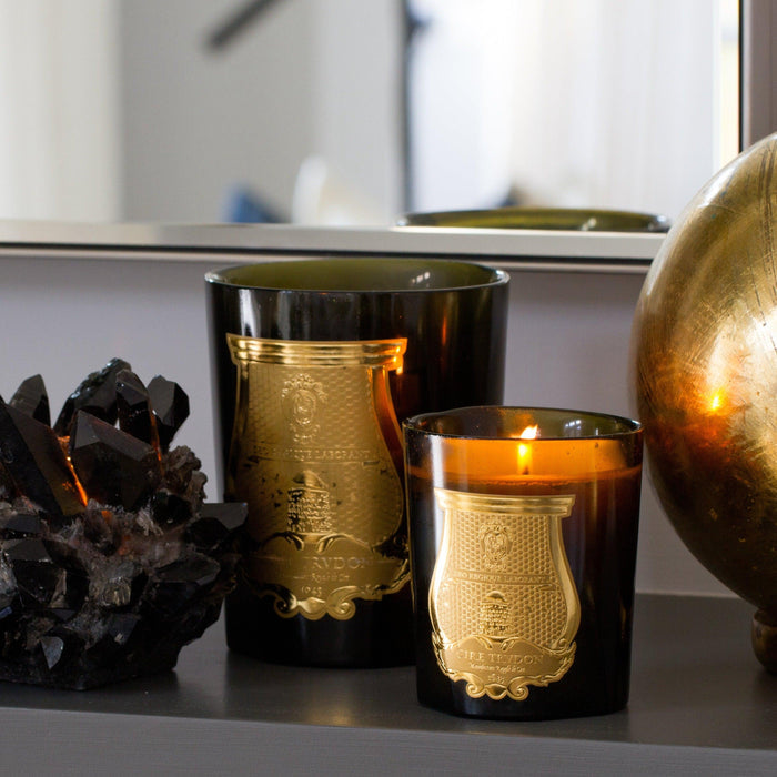 Trudon Solis Rex Classic Scented Candle in a dark green glass vessel with a gold label, next to a smaller lit candle.