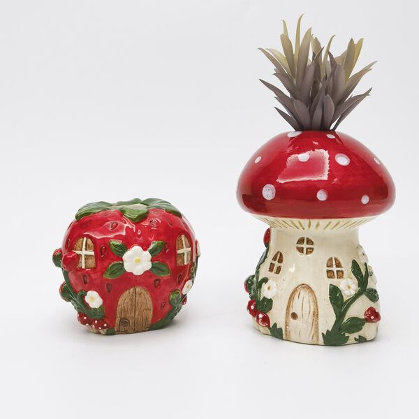 strawberry vase and toadstool house vase