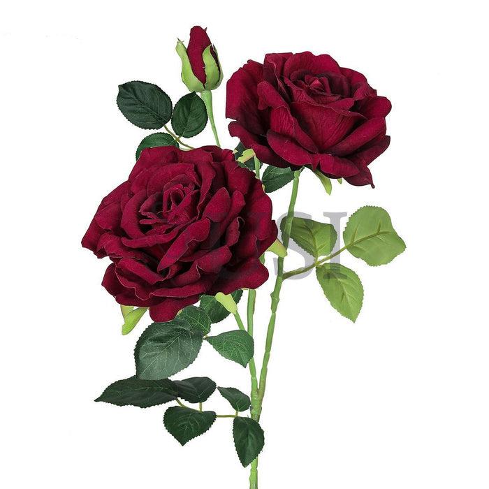 Velvet Elegant Rose Flower Spray x 2 Flo 1 Bud, 32in, Burgundy