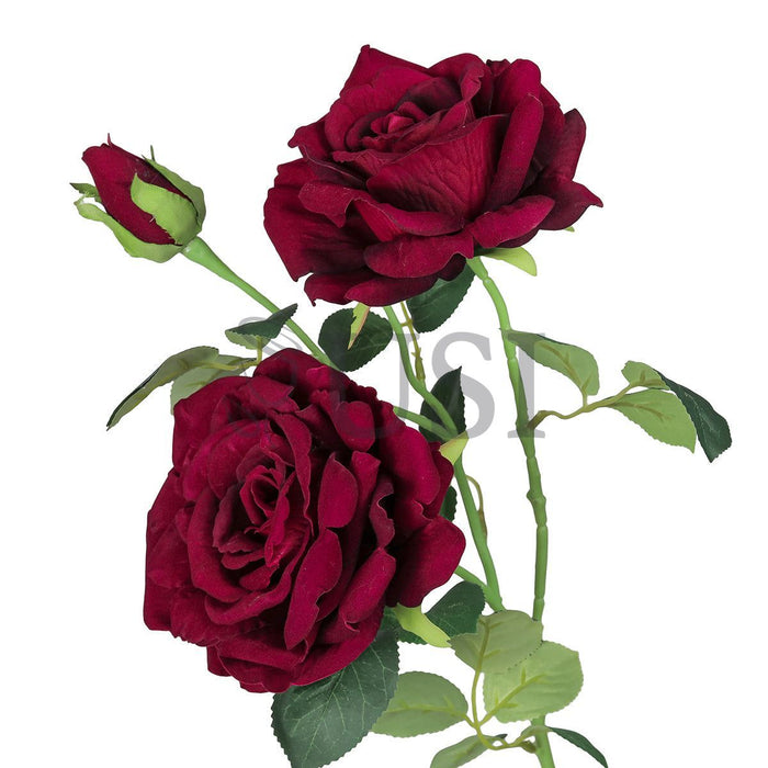 Velvet Elegant Rose Flower Spray x 2 Flo 1 Bud, 32in, Burgundy