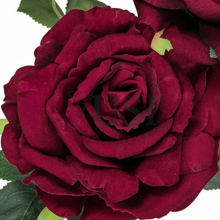 Velvet Elegant Rose Flower Spray x 2 Flo 1 Bud, 32in, Burgundy