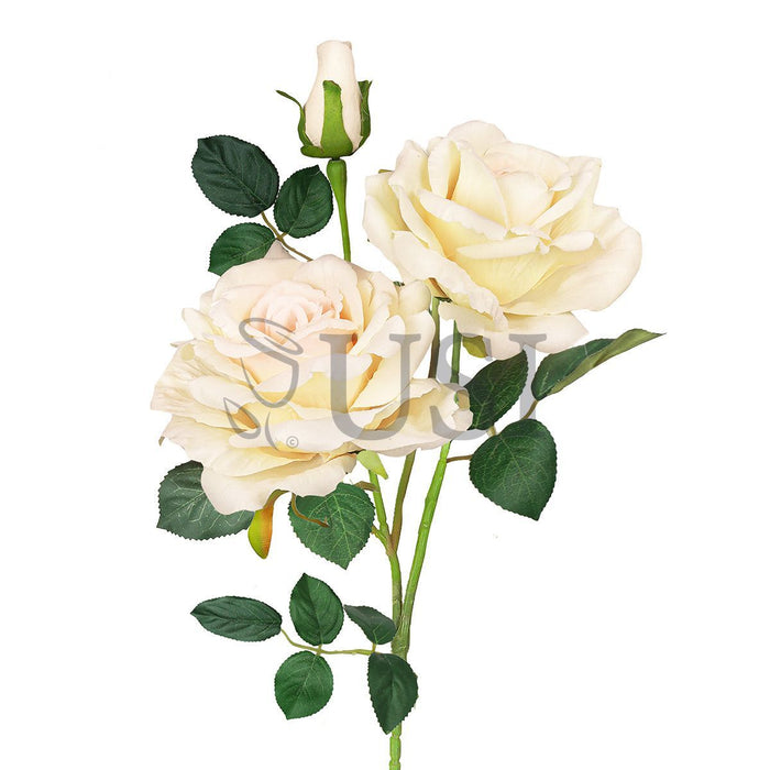 Velvet Elegant Rose Flower Spray x 2 Flo 1 Bud, 32in, Champagne Ivory