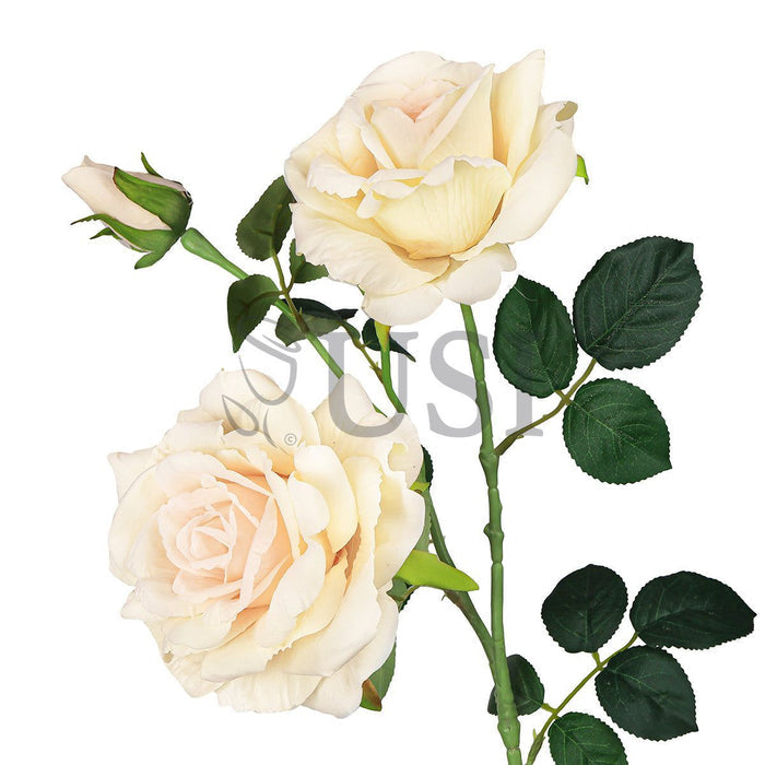 Velvet Elegant Rose Flower Spray x 2 Flo 1 Bud, 32in, Champagne Ivory