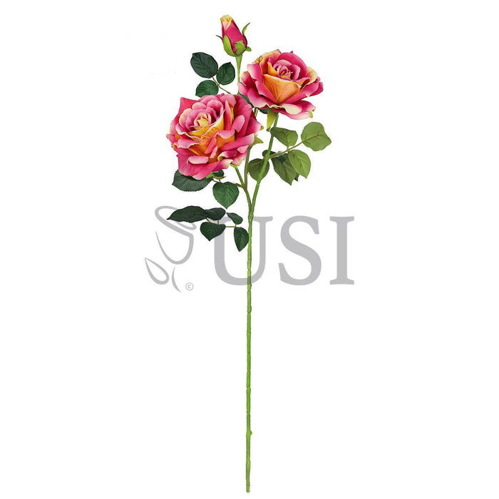 Velvet Elegant Rose Flower Spray x 2 Flo 1 Bud, 32in, Coral Fuchsia