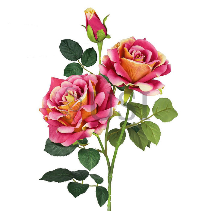 Velvet Elegant Rose Flower Spray x 2 Flo 1 Bud, 32in, Coral Fuchsia