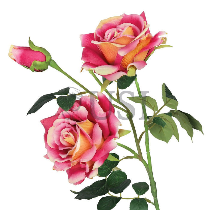 Velvet Elegant Rose Flower Spray x 2 Flo 1 Bud, 32in, Coral Fuchsia