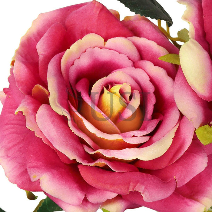 Velvet Elegant Rose Flower Spray x 2 Flo 1 Bud, 32in, Coral Fuchsia