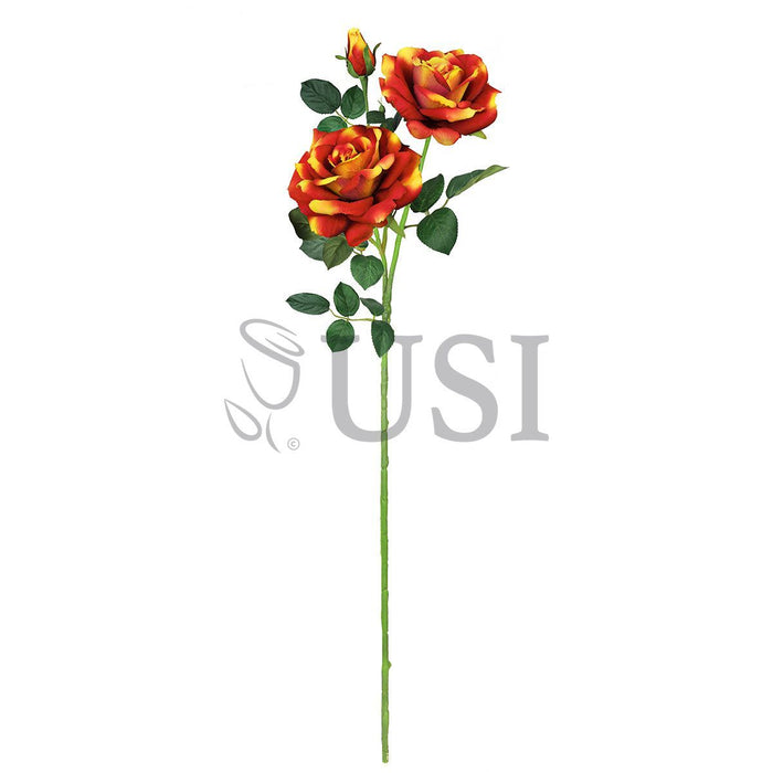 Velvet Elegant Rose Flower Spray x 2 Flo 1 Bud, 32in, Orange Yellow