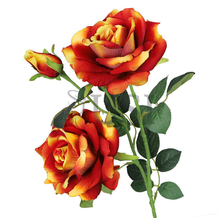 Velvet Elegant Rose Flower Spray x 2 Flo 1 Bud, 32in, Orange Yellow