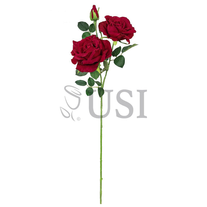 Velvet Elegant Rose Flower Spray x 2 Flo 1 Bud, 32in, Red