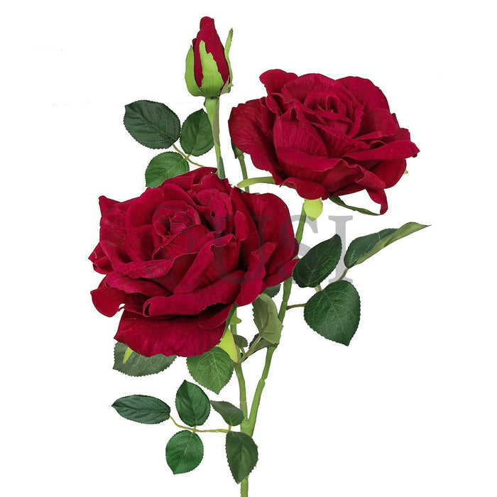 Velvet Elegant Rose Flower Spray x 2 Flo 1 Bud, 32in, Red