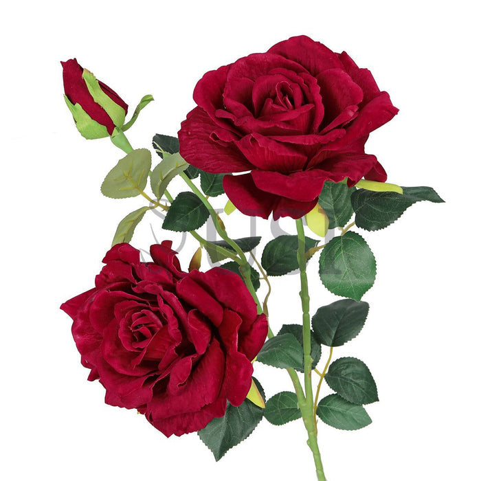 Velvet Elegant Rose Flower Spray x 2 Flo 1 Bud, 32in, Red
