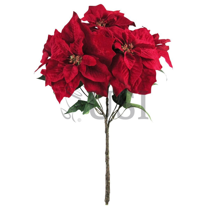 Velvet Poinsettia Flower Branch Spray Bush x5, 24in, Red