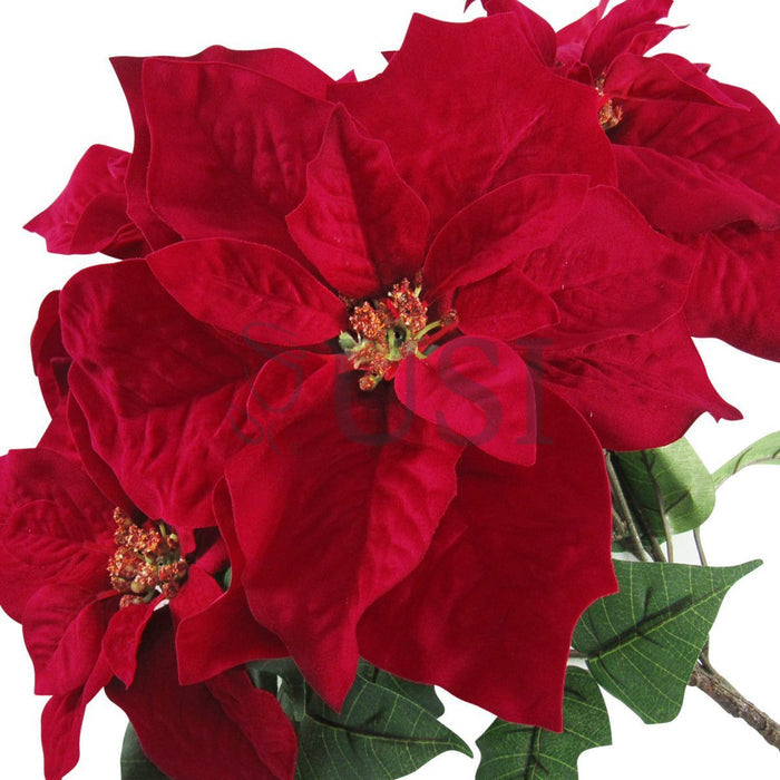Velvet Poinsettia Flower Branch Spray Bush x5, 24in, Red