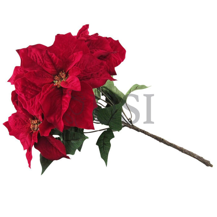 Velvet Poinsettia Flower Branch Spray Bush x5, 24in, Red