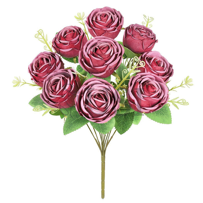 Vintage Cabbage Rose Flower Bush w Filler x9, 17in, Dusty Burgundy