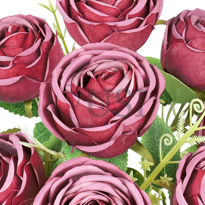 Vintage Cabbage Rose Flower Bush w Filler x9, 17in, Dusty Burgundy