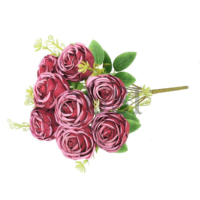 Vintage Cabbage Rose Flower Bush w Filler x9, 17in, Dusty Burgundy