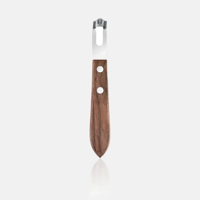 Walnut wood channel knife with stainless steel blade and two silver rivets.