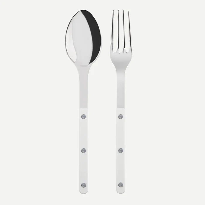 White Bistro 2-piece serving set: 10.25" stainless steel spoon and fork with white acrylic handles.