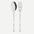 White Bistro 2-piece serving set: 10.25" stainless steel spoon and fork with white acrylic handles.