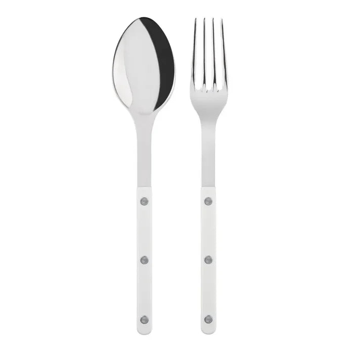 White Bistro 2-piece serving set: 10.25" 18/10 stainless steel spoon and fork with white acrylic handles.