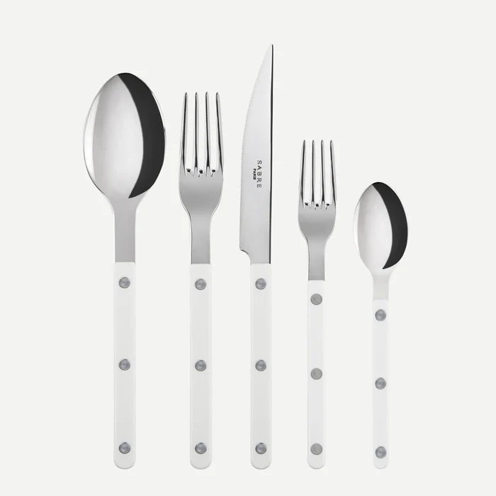 White Bistro 5-piece flatware set with stainless steel utensils and acrylic handles.