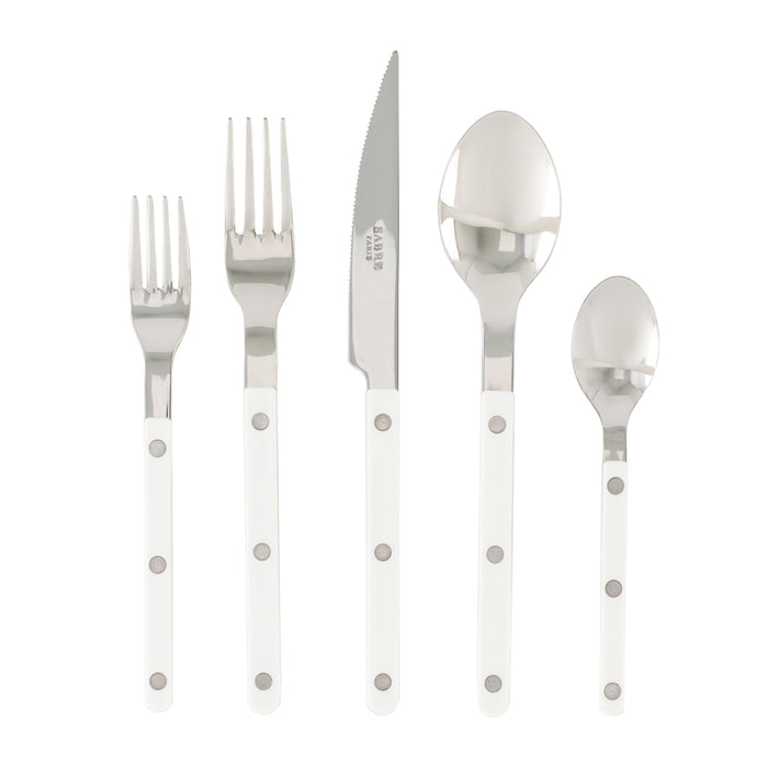 White Bistro 5-piece flatware set with stainless steel and acrylic handles, made in France.