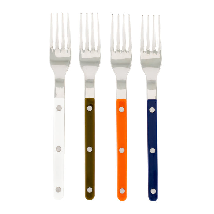 Four Bistro flatware salad forks with stainless steel tines and white, olive, orange, and navy acrylic handles.
