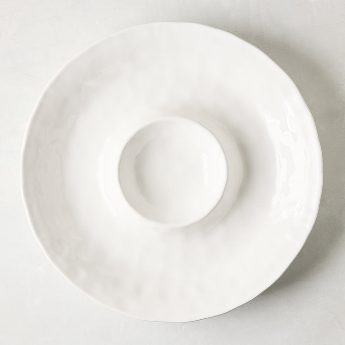 White ceramic 15"Dia chip and dip serving platter with European-inspired design, made in Portugal.