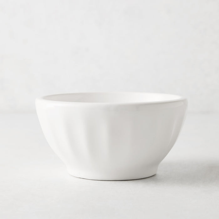 White ceramic latte bowl, 5.5" diameter, with subtle fluted sides.