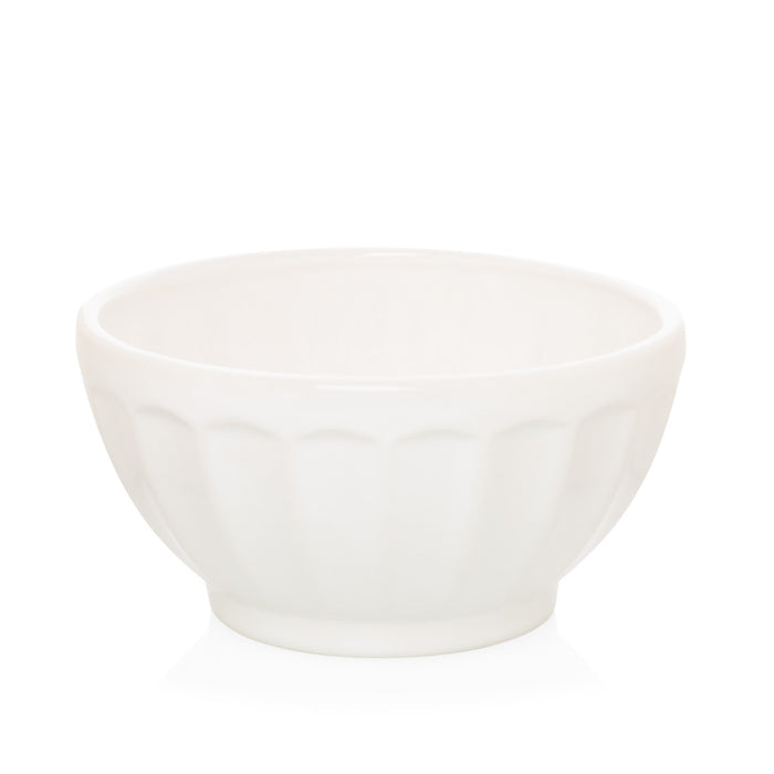 White ceramic latte bowl, 5.5" diameter, with fluted sides, handmade in Italy.