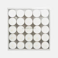 Set of 25 white unscented tealights in clear plastic cups, packaged in a clear box.