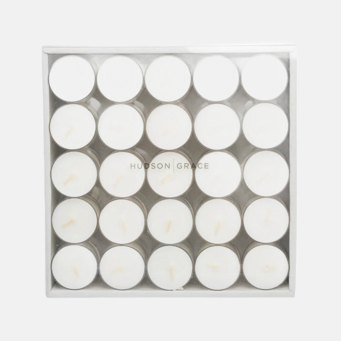 Set of 25 white unscented tealights in clear plastic cups, packaged in a clear box.