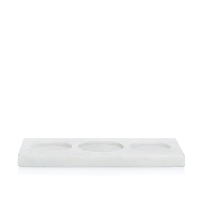 White marble triple soap and lotion tray with three circular indentations.