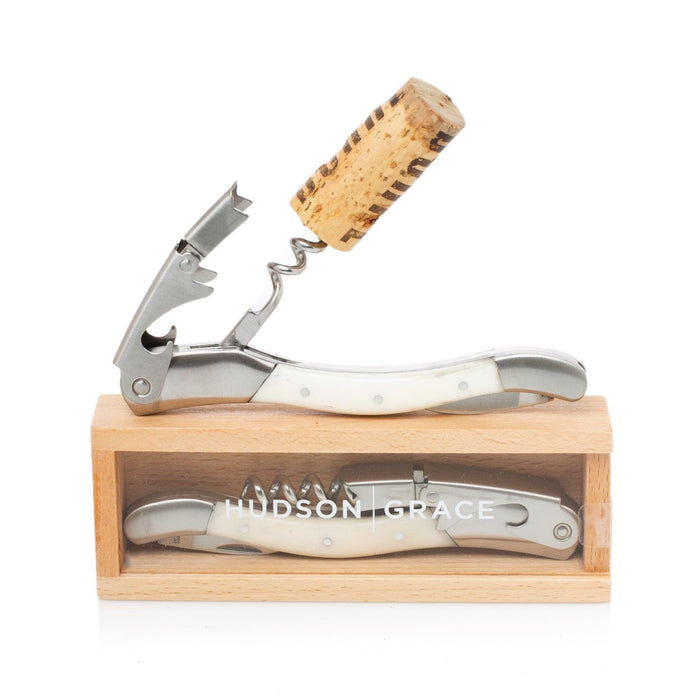 Hudson Grace white corkscrew, brushed stainless steel and bone-colored resin, with a cork, in a wooden gift box.
