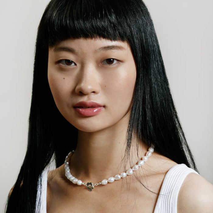 Lola Pearl Necklace with Silver Flower Clasp by Wolf Circus
