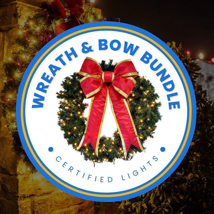 Certified Lights Wreath & Bow Bundle: a festive green wreath with warm white lights and a large red & gold bow.
